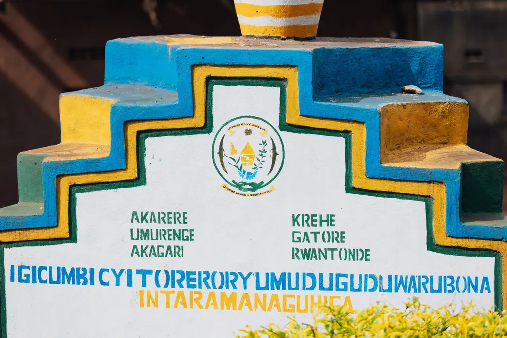 A painted roadside monument reading Akarere Kirehe, Umurenge Gatore, Akagari Rwantonde.