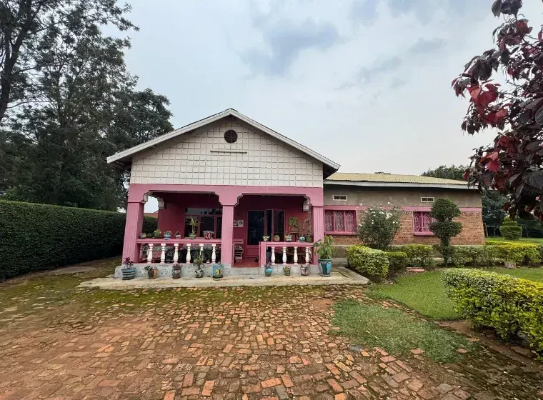 A building with bright magenta porch pillars and a brick-paved yard.